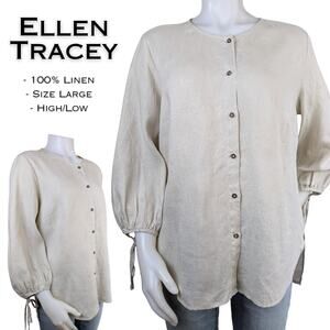 Ellen Tracy Linen Blouse Large Beige Button Front 3/4 Balloon Sleeve Tie Cuff